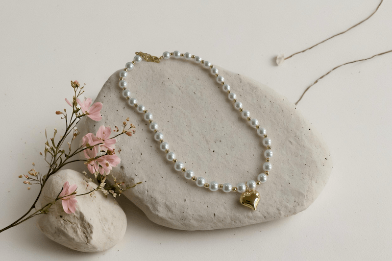 Pearl Bloom – Pearl Necklace with 24K Gold-Plated Heart Charm